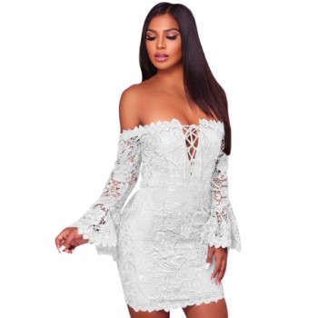 White Crochet Overlay Off The Shoulder Fitted Mini Dress Blue Red Black